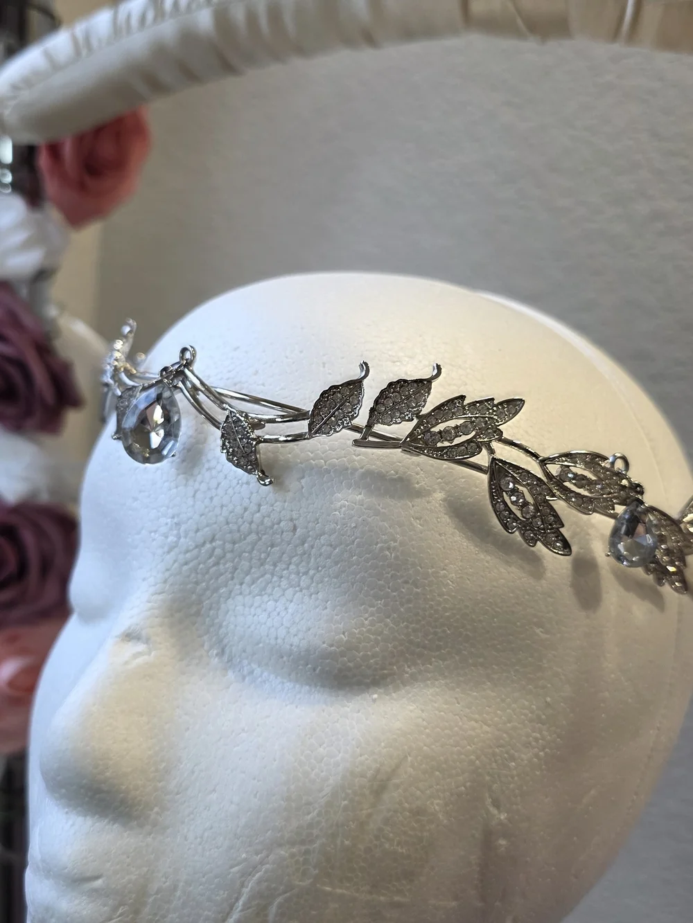 Crystal Leaf Accent Silver Tiara Headband